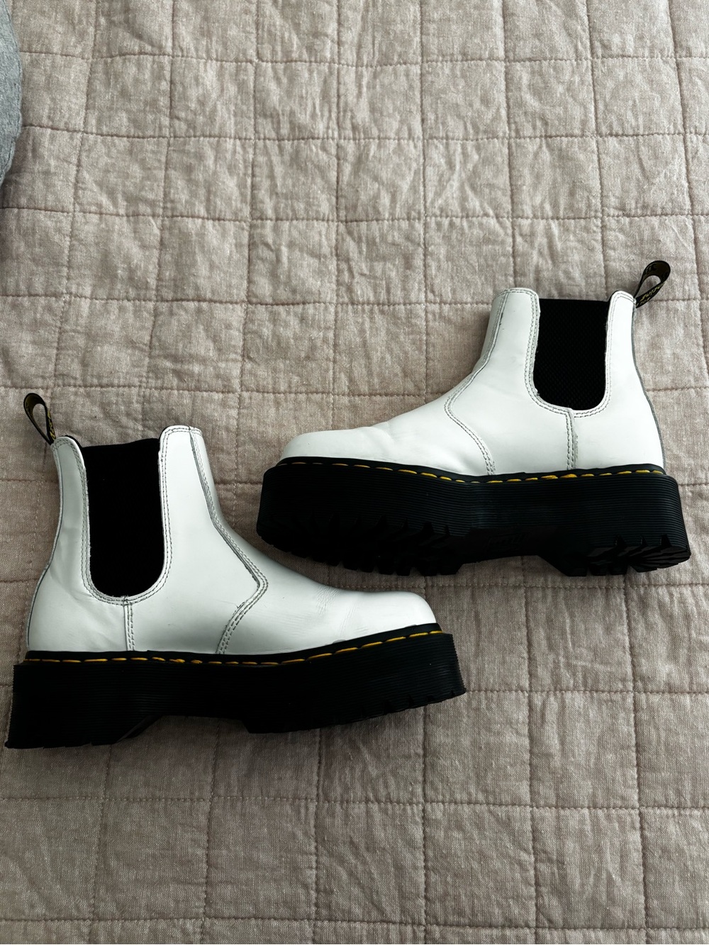 Dr. Martens White Platform Chelsea Boots with Black Elastic